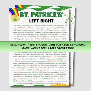 May include: A St. Patrick's Day themed game card with the text "St. Patrick's Left Right" and a pot of gold and rainbow graphic. The card has a green border and text describing the game. The text "Designed with just enough turns for a fun & engaging game. Works for larger groups too!" is also visible.