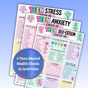 May include: Three printable mental health check-in activity sheets for teens. The pages feature sections for stress, anxiety, and self-esteem with checkboxes, prompts, and positive affirmations. The design uses pastel colours, heart icons, and bold text.