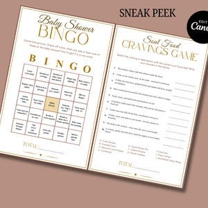 May include: Two-page baby shower game set. The left page is a bingo game with gold text and a cream background. The right page is a "Soul Food Cravings Game". The text "SNEAK PEEK" and "EDIT IN Canva" are visible.