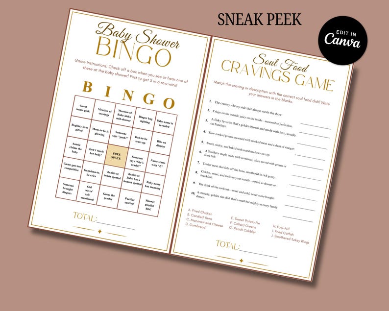 May include: Two-page baby shower game set. The left page is a bingo game with gold text and a cream background. The right page is a "Soul Food Cravings Game". The text "SNEAK PEEK" and "EDIT IN Canva" are visible.