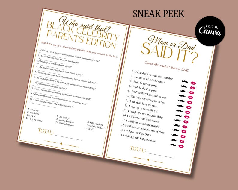 May include: Two printable baby shower games on a light brown background. The game on the left is titled "Who said that? BLACK CELEBRITY PARENTS EDITION." The game on the right is titled "Mom or Dad SAID IT?" with a series of questions and answer options.