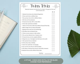 Twins Trivia Baby Shower Game: Printable Quiz (Digital Download)