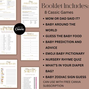 May include: A collection of printable baby shower games with a gold and white color scheme. The games include "Mom or Dad Said It?", "Baby Around the World", and "Baby Zodiac Sign Guess". The text "Edit in Canva" is also visible.