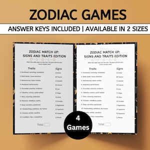 May include: A game set titled "ZODIAC GAMES" with the text "ANSWER KEYS INCLUDED | AVAILABLE IN 2 SIZES". The game includes "ZODIAC MATCH UP: SIGNS AND TRAITS EDITION" with traits and signs. A black circle reads "4 Games".