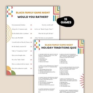 Peut inclure: Deux feuilles de jeu imprim&eacute;es avec les titres "Black Family Game Night" et "Holiday Traditions Quiz". La premi&egrave;re pose des questions "Would You Rather ?". La seconde est un quiz sur les traditions des f&ecirc;tes, avec des r&eacute;ponses &agrave; choix multiples.