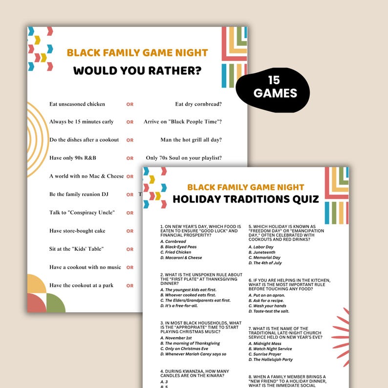 Peut inclure: Deux feuilles de jeu imprim&eacute;es avec les titres "Black Family Game Night" et "Holiday Traditions Quiz". La premi&egrave;re pose des questions "Would You Rather ?". La seconde est un quiz sur les traditions des f&ecirc;tes, avec des r&eacute;ponses &agrave; choix multiples.