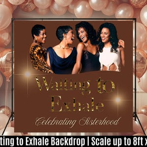 Könnte beinhalten: Ein brauner Hintergrund mit vier Frauen aus dem Film "Waiting to Exhale". Der Titel ist in goldfarbenen Buchstaben gehalten, mit dem Slogan "Celebrating Sisterhood". Der Hintergrund ist von Ballons umgeben.