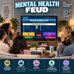 Op de afbeelding: Een digitaal spel genaamd Mental Health Feud op een televisiescherm, met een ronde met de vraag Name something people do to de-stress. De interface toont de scores voor Team A en Team B, met opties voor applaus en boegeroep.