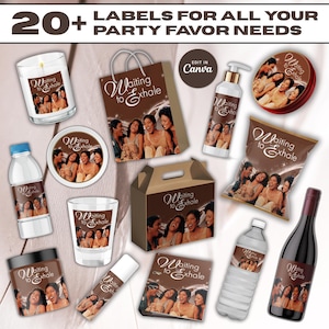 Könnte beinhalten: Eine Sammlung von Partygeschenketiketten mit dem Text "Waiting to Exhale" und Bildern von lachenden Menschen. Die Etiketten befinden sich auf verschiedenen Artikeln, darunter eine Kerze, eine Tasche, eine Flasche und ein Glas. Der Text "20+ LABELS FOR ALL YOUR PARTY FAVOR NEEDS" steht oben.