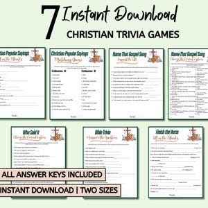 May include: A collection of seven Christian trivia games, including fill-in-the-blanks, matching, and multiple-choice formats. The games feature a cross and floral design, with the text "7 Instant Download CHRISTIAN TRIVIA GAMES." Answer keys are included.