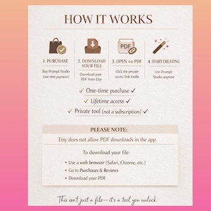 May include: An infographic titled "HOW IT WORKS" with steps for purchasing, downloading, opening, and using a PDF. The text includes "One-time purchase," "Lifetime access," and "Private tool." It also provides instructions for downloading the file via a web browser.