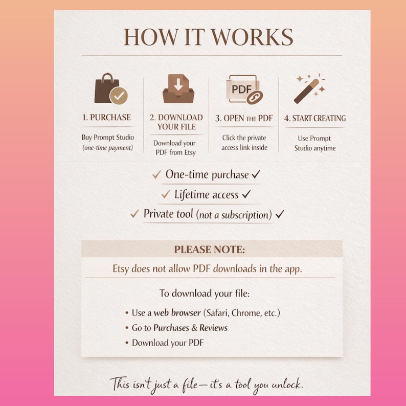 May include: An infographic titled "HOW IT WORKS" with steps for purchasing, downloading, opening, and using a PDF. The text includes "One-time purchase," "Lifetime access," and "Private tool." It also provides instructions for downloading the file via a web browser.