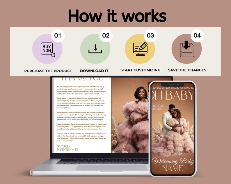 May include: A laptop and smartphone display a baby shower announcement. The laptop shows a thank you message. The smartphone displays a photo of a couple with the text "Oh Baby" and "Welcoming Baby Name". The image also shows the steps: Buy Now, Download It, Start Customizing, and Save the Changes.