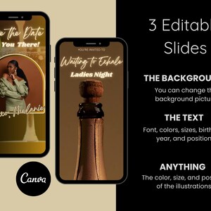 Op de afbeelding: Drie smartphone-modellen met evenementuitnodigingsontwerpen. E&eacute;n toont "Save the Date" met een vrouw in een groene jurk. Een andere zegt "Waiting to Exhale Ladies Night". De derde toont bewerkbare dia-opties.