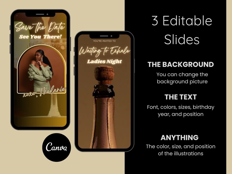 Op de afbeelding: Drie smartphone-modellen met evenementuitnodigingsontwerpen. E&eacute;n toont "Save the Date" met een vrouw in een groene jurk. Een andere zegt "Waiting to Exhale Ladies Night". De derde toont bewerkbare dia-opties.