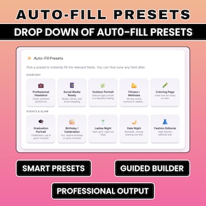 May include: A digital interface with the text "AUTO-FILL PRESETS" and "DROP DOWN OF AUTO-FILL PRESETS". The interface displays preset options for everyday use and events, including "Professional Headshot" and "Fashion Editorial". The interface also has the text "SMART PRESETS", "GUIDED BUILDER", and "PROFESSIONAL OUTPUT".