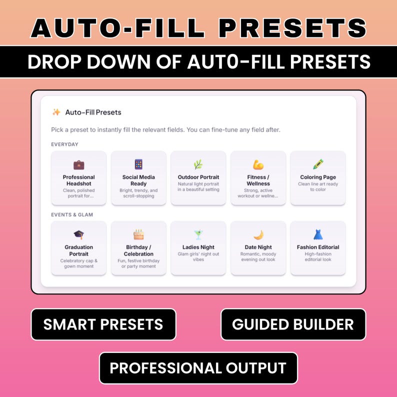 May include: A digital interface with the text "AUTO-FILL PRESETS" and "DROP DOWN OF AUTO-FILL PRESETS". The interface displays preset options for everyday use and events, including "Professional Headshot" and "Fashion Editorial". The interface also has the text "SMART PRESETS", "GUIDED BUILDER", and "PROFESSIONAL OUTPUT".
