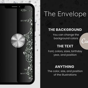 May include: A black smartphone screen with a silver metallic emblem and a silver glitter design. The text "The Envelope" is displayed, along with other text about customization options. The Canva logo is also visible.