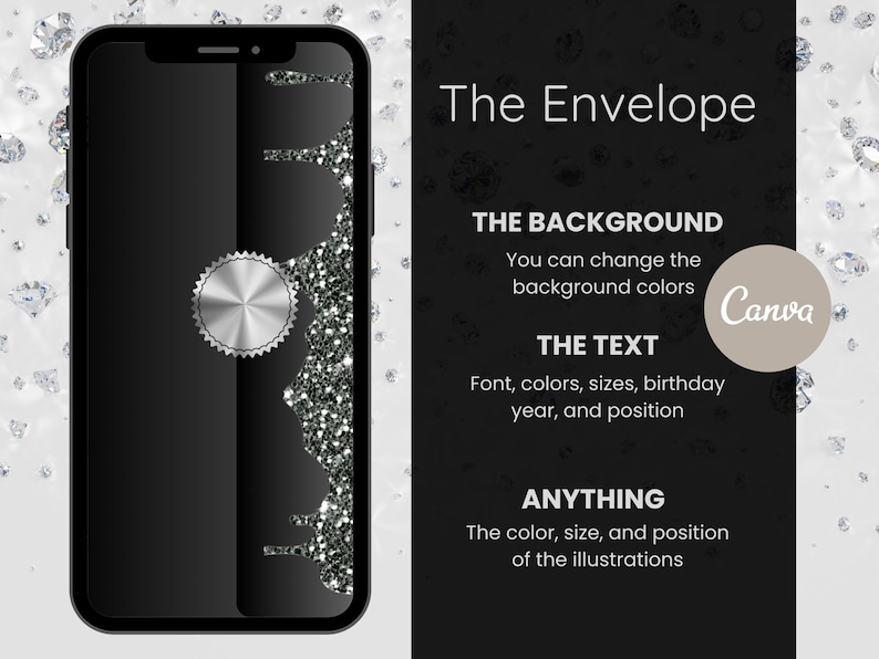 May include: A black smartphone screen with a silver metallic emblem and a silver glitter design. The text "The Envelope" is displayed, along with other text about customization options. The Canva logo is also visible.