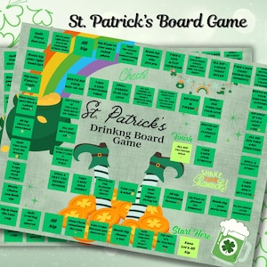 May include: St. Patrick's Day themed board game with a green and gold color scheme. The game board features a rainbow, a pot of gold, and leprechaun boots. The text "St. Patrick's Drinking Board Game" is displayed prominently.