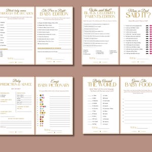 May include: A set of six baby shower game cards with gold text and borders on a brown background. Games include "Black Baby Names Through the Decades," "The Price is Right - Baby Edition," and "Who Said That? Black Celebrity Parents Edition."