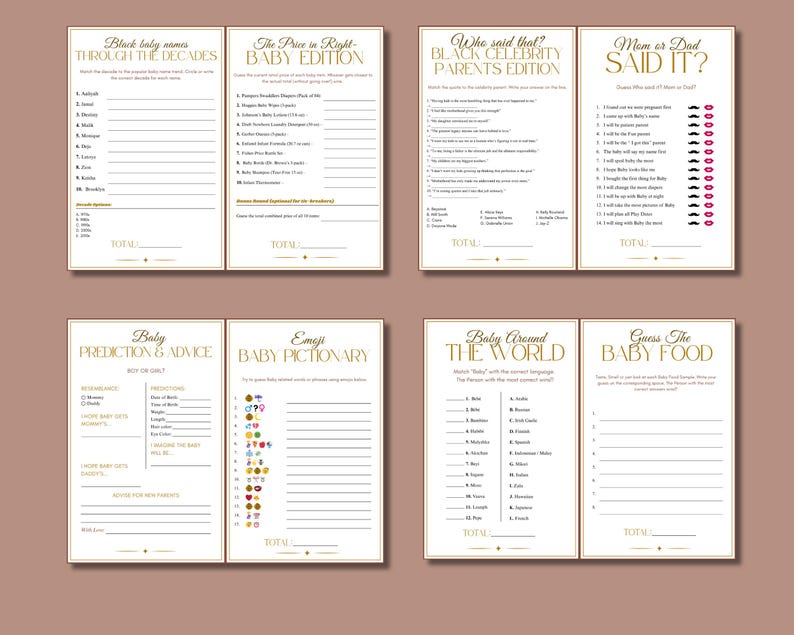 May include: A set of six baby shower game cards with gold text and borders on a brown background. Games include "Black Baby Names Through the Decades," "The Price is Right - Baby Edition," and "Who Said That? Black Celebrity Parents Edition."
