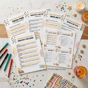 Peut inclure: Plusieurs feuilles de jeu imprim&eacute;es pour une soir&eacute;e de jeux en famille noire, avec des questions de culture g&eacute;n&eacute;rale, d'identification de chansons et des &eacute;nigmes. Les feuilles blanches pr&eacute;sentent des motifs g&eacute;om&eacute;triques color&eacute;s et du texte.