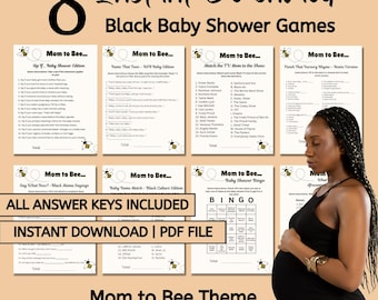 May include: Eight instant download black baby shower games with a "Mom to Bee" theme. Includes games like "Sip & See" and "Baby Name Match." The games are 8.5" x 11" and include all answer keys.