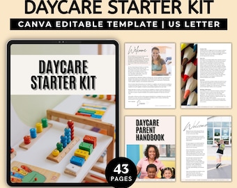 May include: A digital daycare starter kit template with the text "DAYCARE STARTER KIT" and "CANVA EDITABLE TEMPLATE | US LETTER". The image includes a tablet, sample pages, and the text "43 PAGES" and "Your Blueprint to Childcare Success".