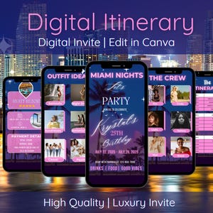 Invito digitale per itinerario di viaggio per ragazze, itinerario di viaggio, itinerario animato per il weekend di compleanno, programma delle vacanze, modifica modello Canva