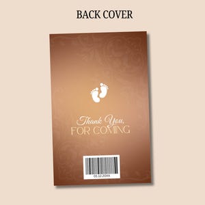 May include: A brown card with a gradient background and floral design. The card features white baby footprints, the text "Thank You, FOR COMING", and a barcode. The words "BACK COVER" are at the top.
