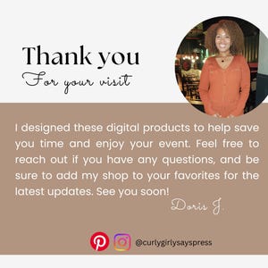 May include: A tan and white graphic with the text "Thank you for your visit." A photo of a woman in an orange sweater is in a circle. The text below says, "I designed these digital products..." and the shop's social media handles.