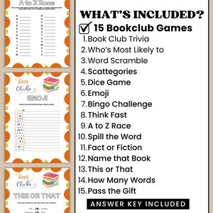 May include: A collection of printable book club games, including trivia, word scramble, and emoji challenges. The design features orange and white borders with the text "Book Club" and game titles. Includes an answer key.