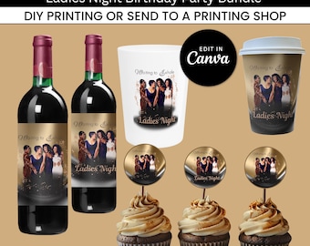 May include: A party favor pack with the text "WAITING TO EXHALE PARTY FAVOR PACK" and "Ladies Night Birthday Party Bundle". The image includes two wine bottles, a shot glass, a coffee cup, cupcakes, and cupcake toppers.