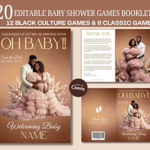 May include: A baby shower games booklet with a brown and gold design. The cover reads "Oh Baby!!" with the text "Our Bundle of Joy Will Be Arriving Soon." The booklet includes 20 editable games, 12 Black culture games, and 8 classic games.