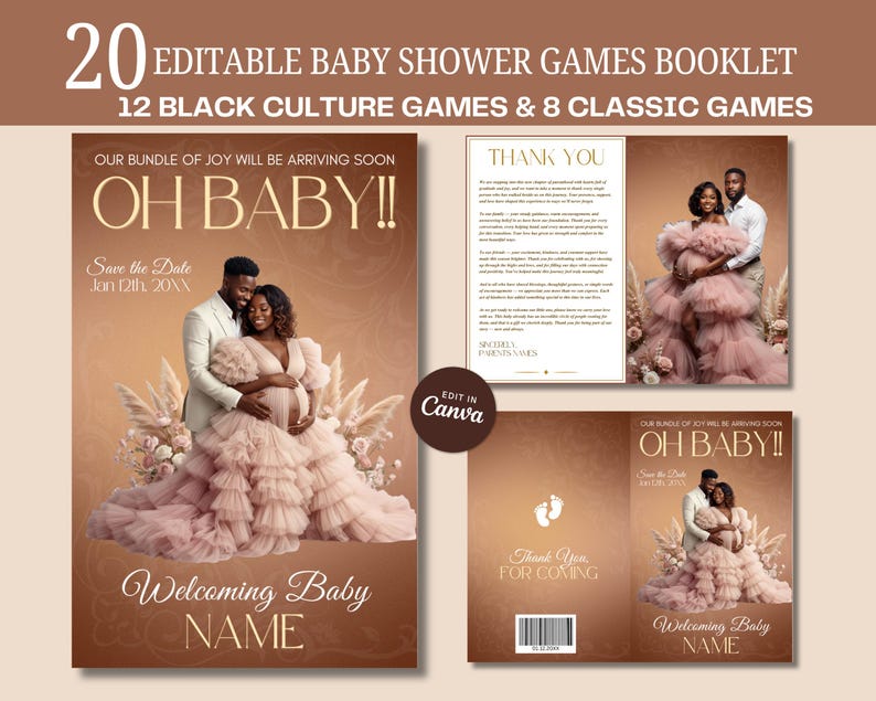 May include: A baby shower games booklet with a brown and gold design. The cover reads "Oh Baby!!" with the text "Our Bundle of Joy Will Be Arriving Soon." The booklet includes 20 editable games, 12 Black culture games, and 8 classic games.