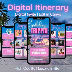 Plantilla editable de itinerario de viaje de chicas a Puerto Rico: Horario de fin de semana de cumpleaños (Descarga digital de plantilla de Canva)