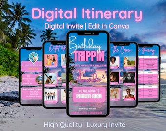 May include: Digital itinerary displayed on smartphones, featuring a pink and white design with the text "Digital Itinerary" and "Birthday Trippin". The image includes photos and details for a girl's trip to Puerto Rico.