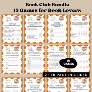 May include: A bundle of 15 book club games, including trivia, word scramble, and bingo challenge. Each game sheet features a colorful design with orange and yellow accents. The text on the sheets reads "Book Club" and game titles. The bundle includes 2 games per page.