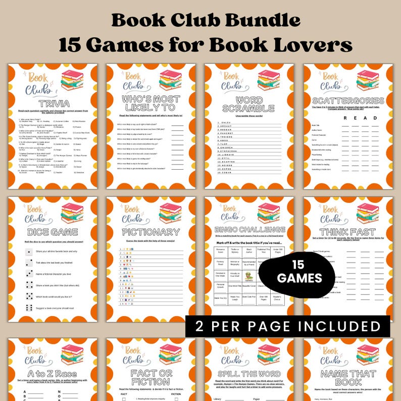 May include: A bundle of 15 book club games, including trivia, word scramble, and bingo challenge. Each game sheet features a colorful design with orange and yellow accents. The text on the sheets reads "Book Club" and game titles. The bundle includes 2 games per page.