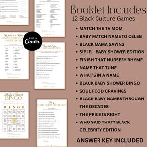May include: A collection of printable baby shower games and activities. The image features several pages with game instructions and a list of 12 Black Culture Games, including bingo and trivia. The text includes "Baby Shower Bingo" and "Answer Key Included."