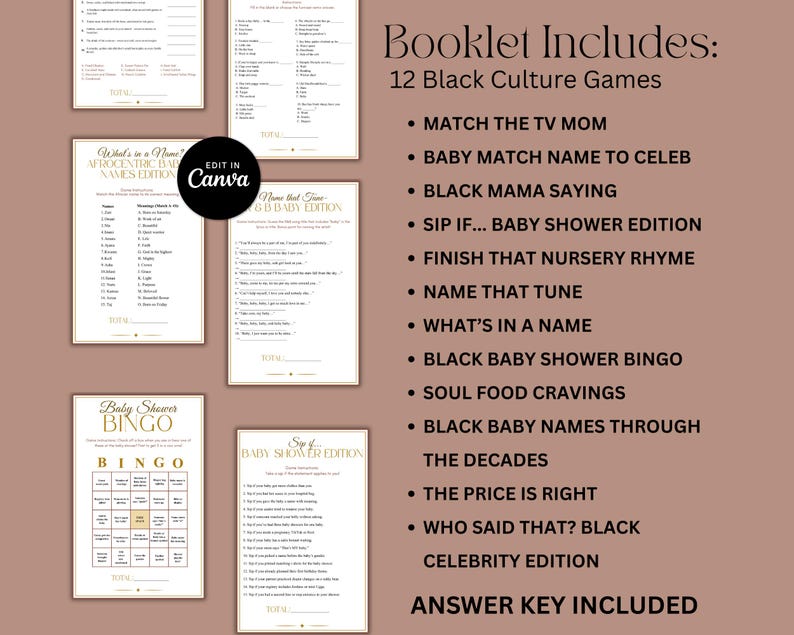 May include: A collection of printable baby shower games and activities. The image features several pages with game instructions and a list of 12 Black Culture Games, including bingo and trivia. The text includes "Baby Shower Bingo" and "Answer Key Included."