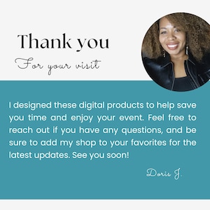 Puede incluir: Gr&aacute;fico turquesa y blanco con el texto "Thank you for your visit". Una mujer sonriente con cabello rizado est&aacute; en una foto circular. El texto de abajo indica el objetivo del dise&ntilde;ador de ahorrar tiempo y disfrutar de los eventos.