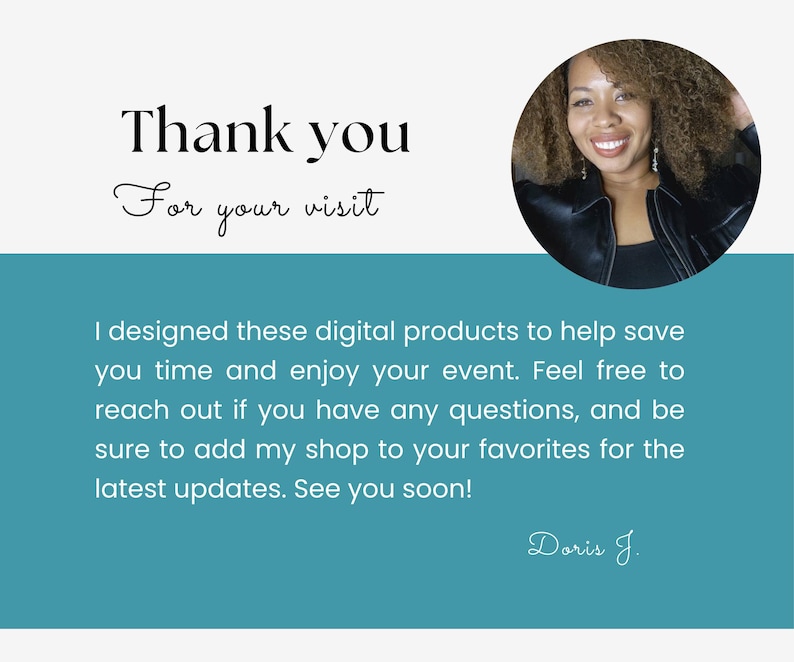 Puede incluir: Gr&aacute;fico turquesa y blanco con el texto "Thank you for your visit". Una mujer sonriente con cabello rizado est&aacute; en una foto circular. El texto de abajo indica el objetivo del dise&ntilde;ador de ahorrar tiempo y disfrutar de los eventos.
