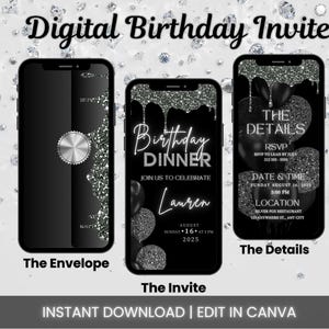 Black, Silver, and Diamond Glam Birthday Invite.