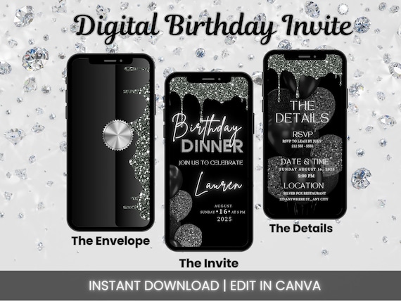 Glam Birthday Dinner Invitation: Black Tie, Silver Animated eCard (Digital Template)