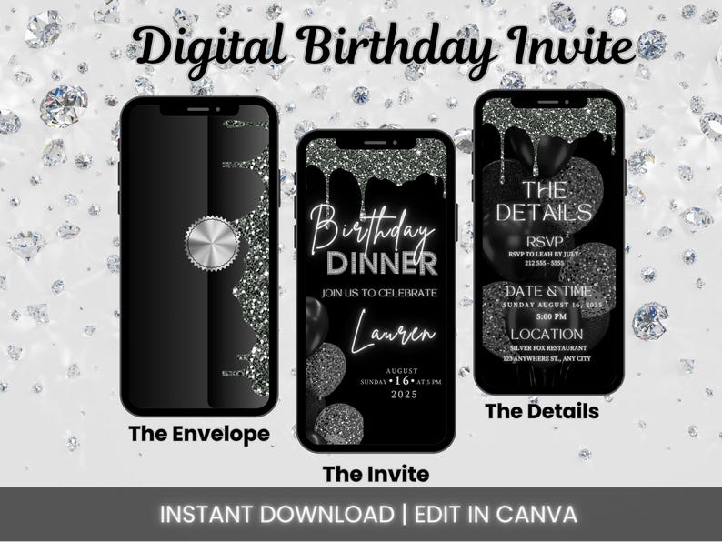 Black, Silver, and Diamond Glam Birthday Invite.