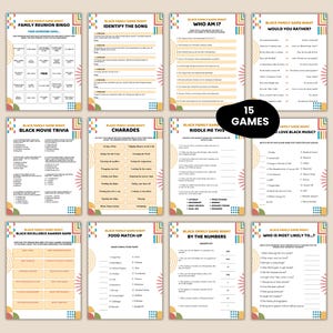 Peut inclure: Un ensemble de 15 jeux Black Family Game Night, dont le bingo, les jeux de soci&eacute;t&eacute; et les devinettes. Chaque feuille de jeu pr&eacute;sente des titres tels que "Family Reunion Bingo" et "Identify the Song".