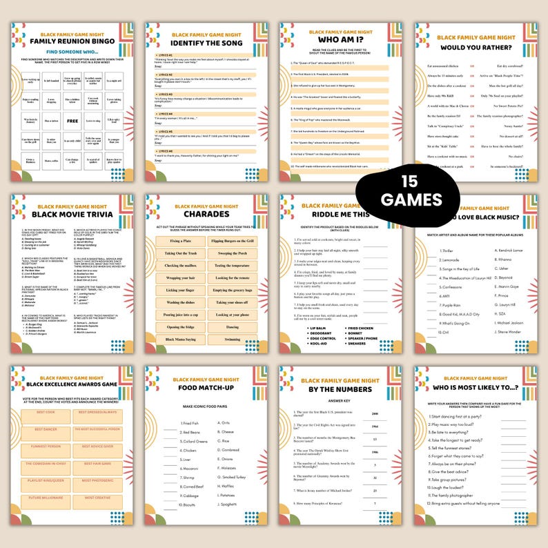 Peut inclure: Un ensemble de 15 jeux Black Family Game Night, dont le bingo, les jeux de soci&eacute;t&eacute; et les devinettes. Chaque feuille de jeu pr&eacute;sente des titres tels que "Family Reunion Bingo" et "Identify the Song".
