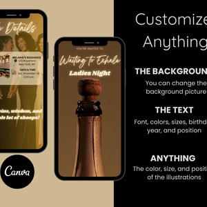 Op de afbeelding: Twee smartphones tonen evenementdetails en een champagnefles. E&eacute;n telefoon toont evenementinformatie, inclusief de tekst "The Details" en "Waiting to Exhale Ladies Night". De andere telefoon toont een champagnefles. De afbeelding bevat ook het Canva-logo.